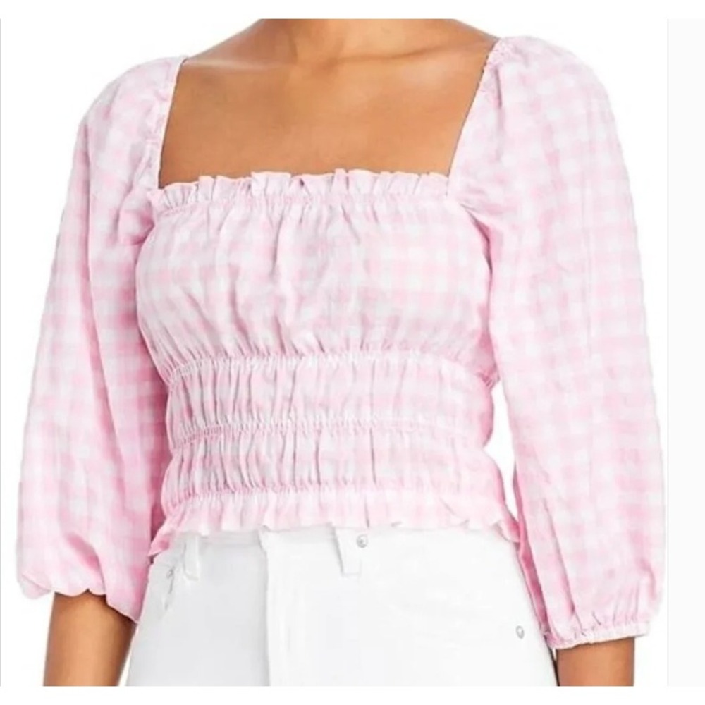 Charlie Holiday Gingham Crop Top Size 6 Pink Smocked Puff Sleeve Cottagecore